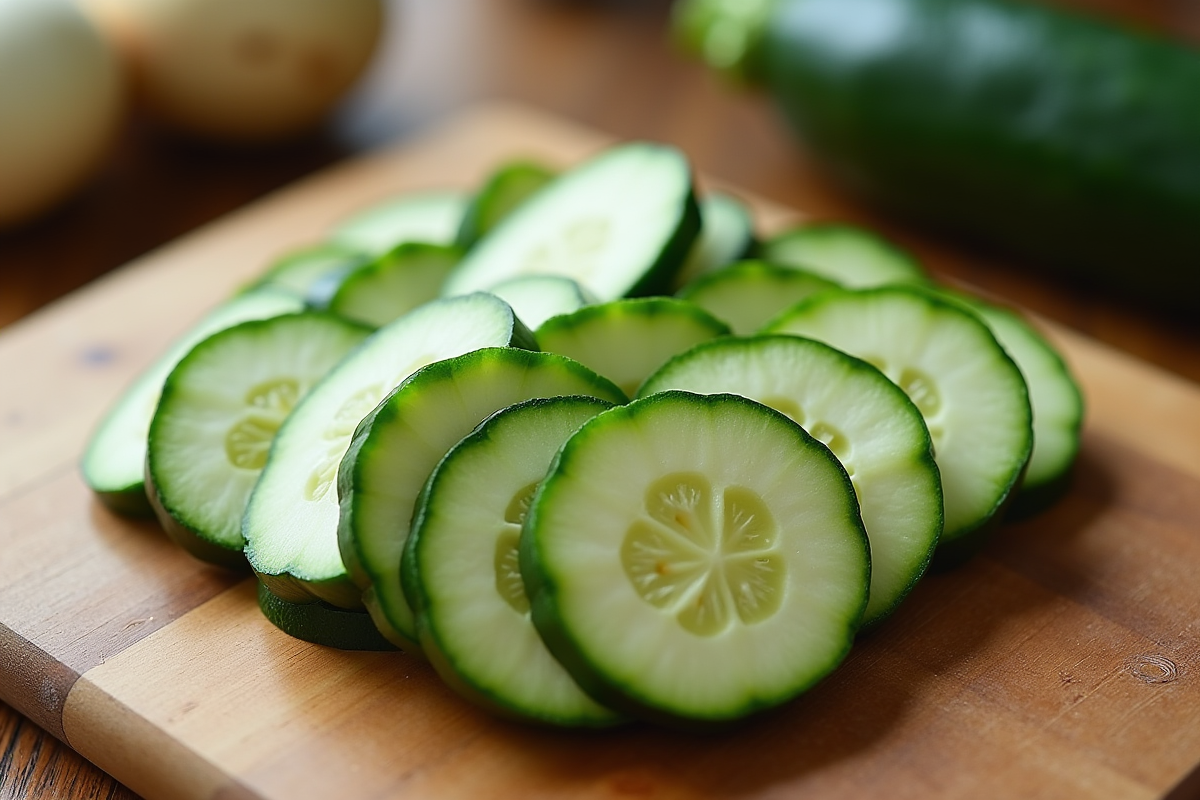 Tranches de concombre et zucchini sur planche en bois