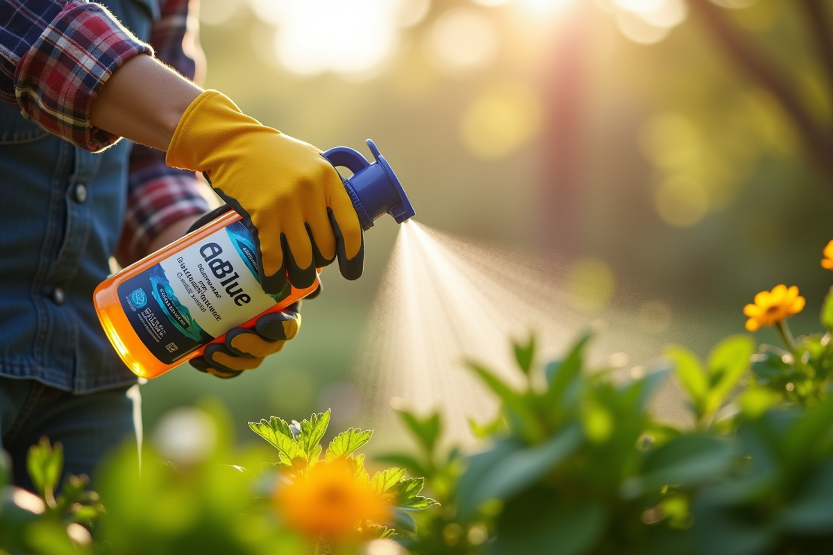 Jardinier versant AdBlue dans un spray dans un jardin ensoleille