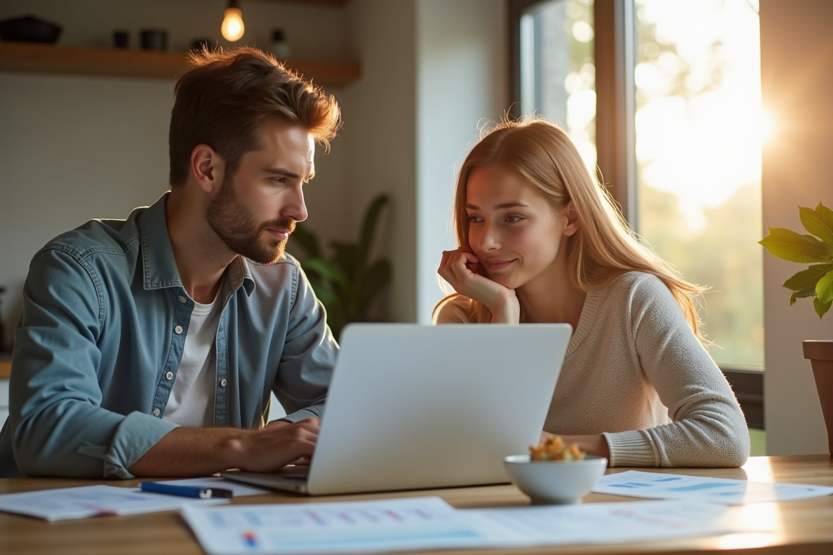Jeune couple analysant des documents immobiliers à la maison
