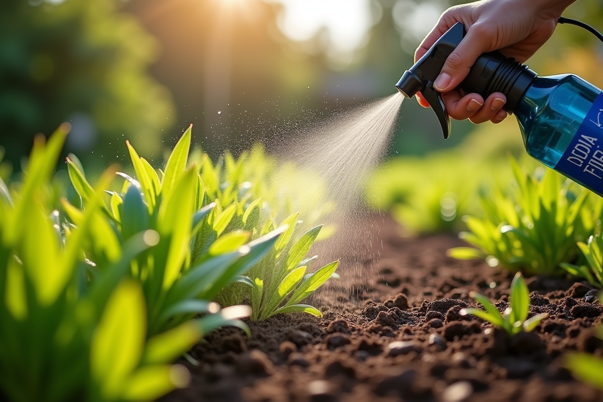Gros plan sur des mauvaises herbes being sprayees avec AdBlue