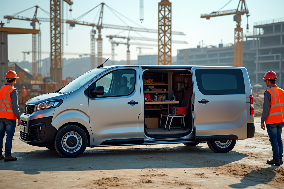 Véhicule Peugeot Expert sur un chantier avec ouvriers