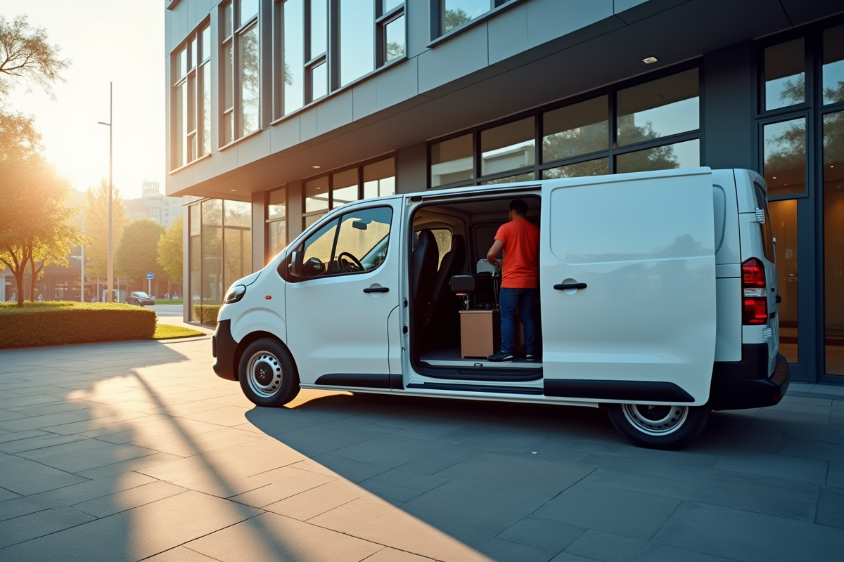 Peugeot Expert devant un bâtiment moderne au matin
