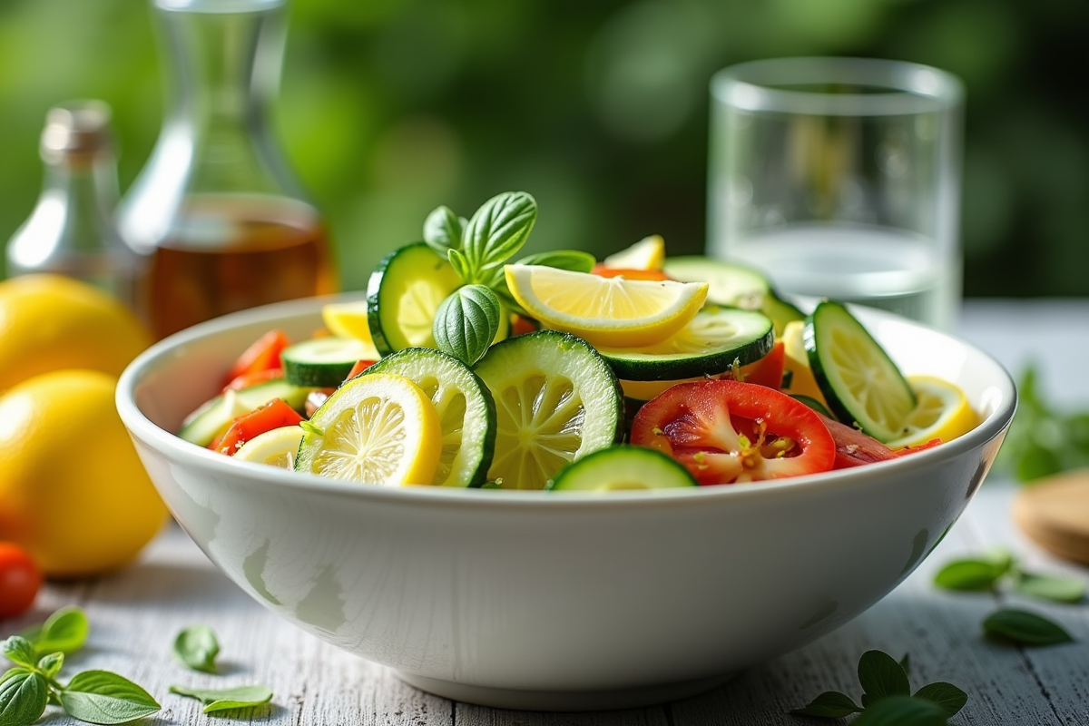Salade d été avec rubans de concombre et zucchini