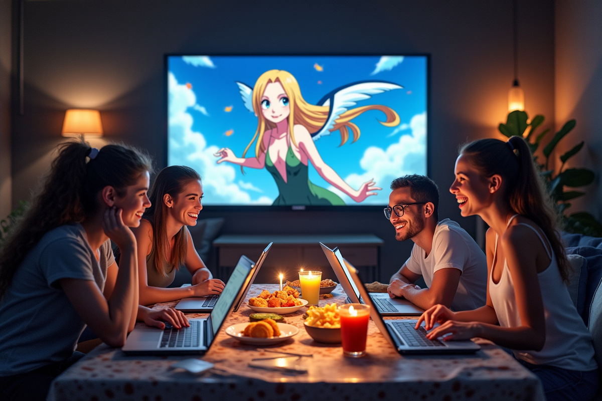 Groupe d amis regardant Fairy Tail avec sourires naturels