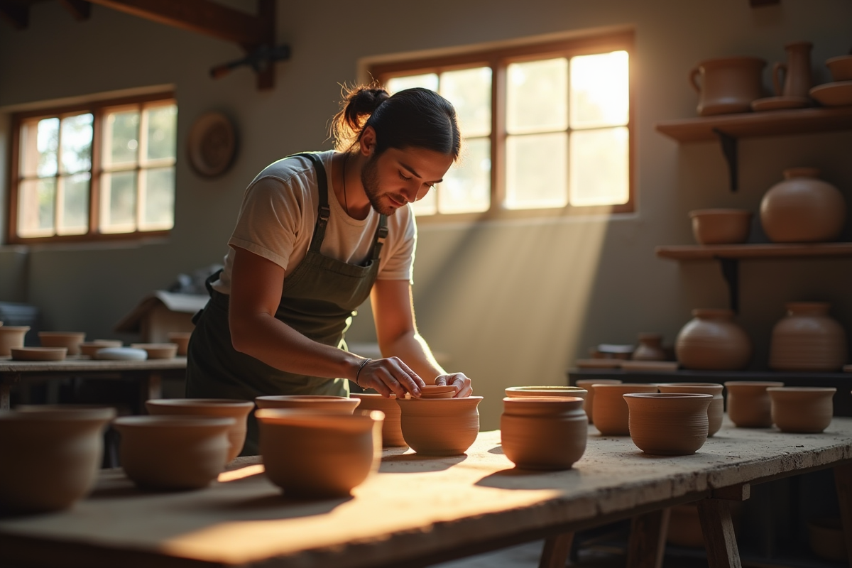 Inspecteur de céramiques artisanales dans un atelier ensoleillé