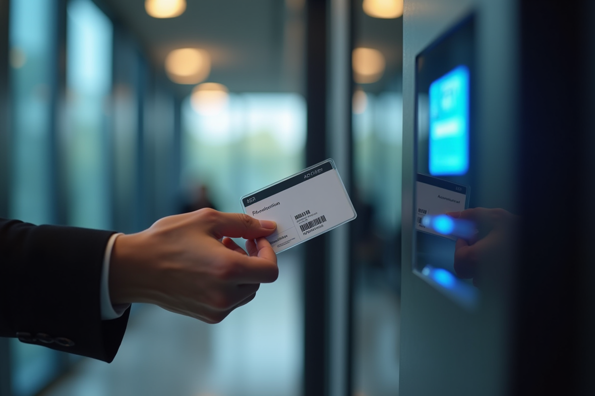 Mains tenant badge d acces avec panneau digital lumineux