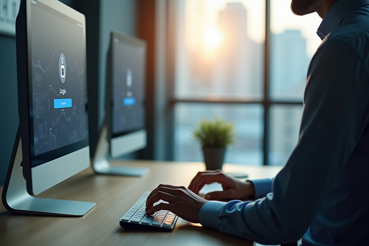 Personne travaillant sur un bureau moderne avec écran de connexion