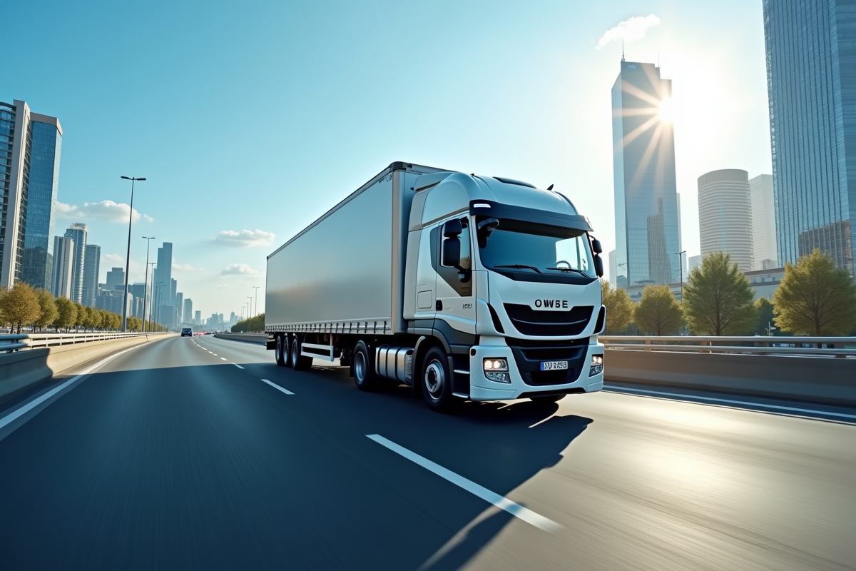 Camion de 30 m3 sur une route urbaine en mouvement