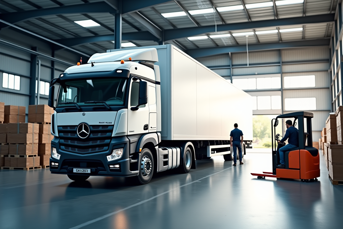 Camion blanc de 30 m3 en chargement dans un entrepôt moderne