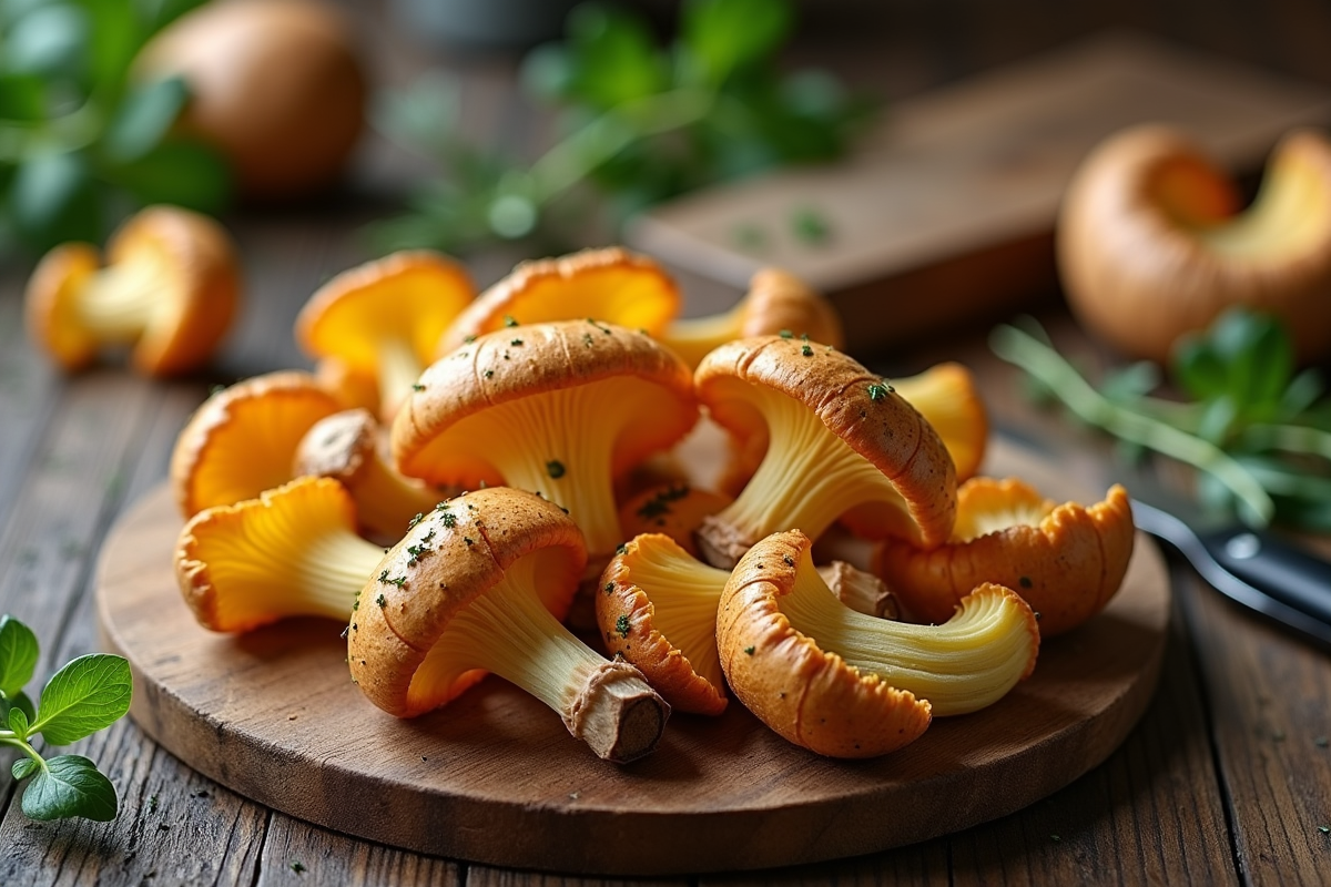 Champignons de chanterelle et girolle fraîchement cueillis sur une table en bois