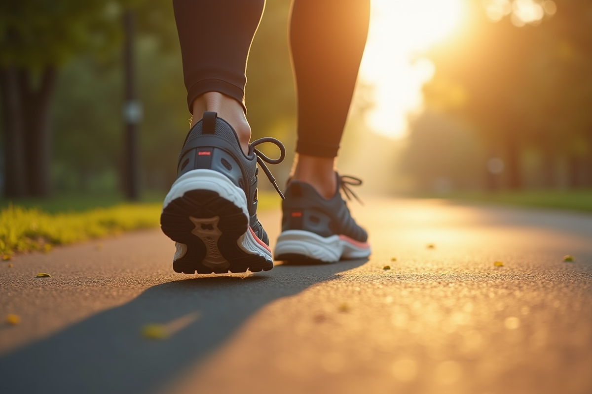 Chaussures de sport marchant sur un chemin de parc ensoleille