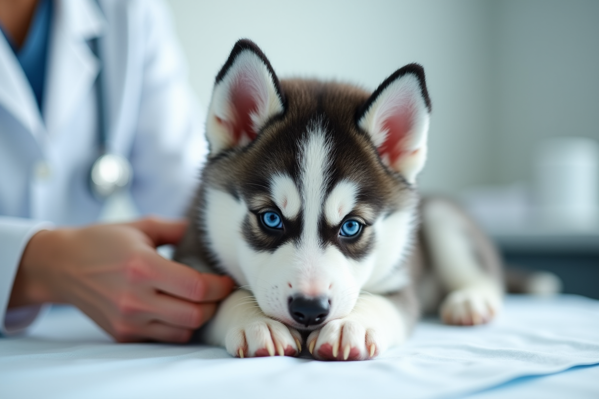 Chiot husky sibérien sur table vétérinaire sous lumière naturelle