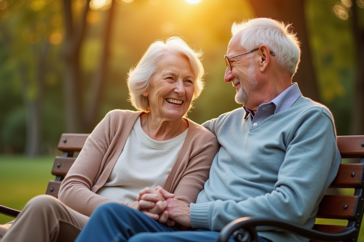Couple senior souriant sur un banc en plein air