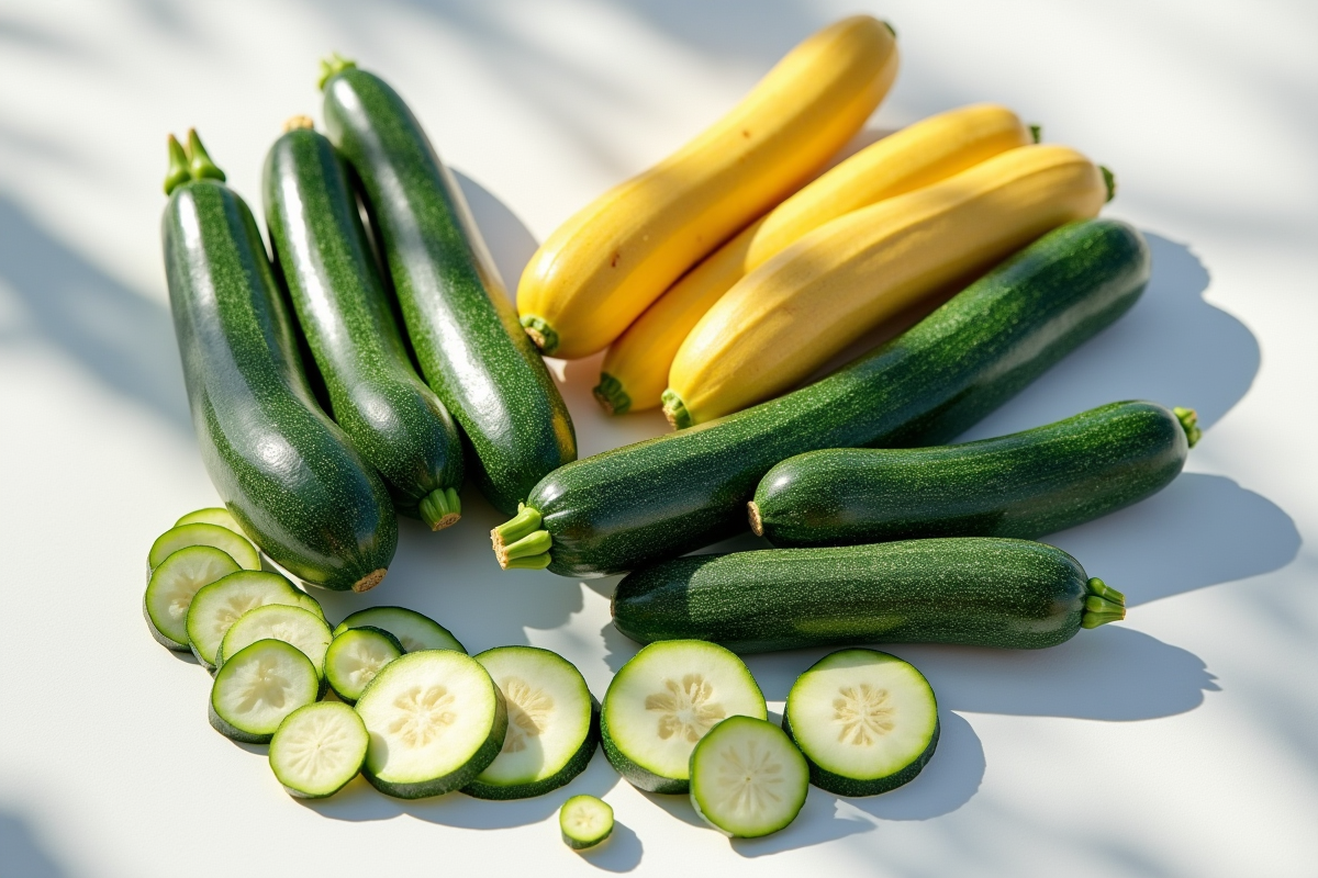 Courgettes entières et tranchées sur une table extérieure en plein air