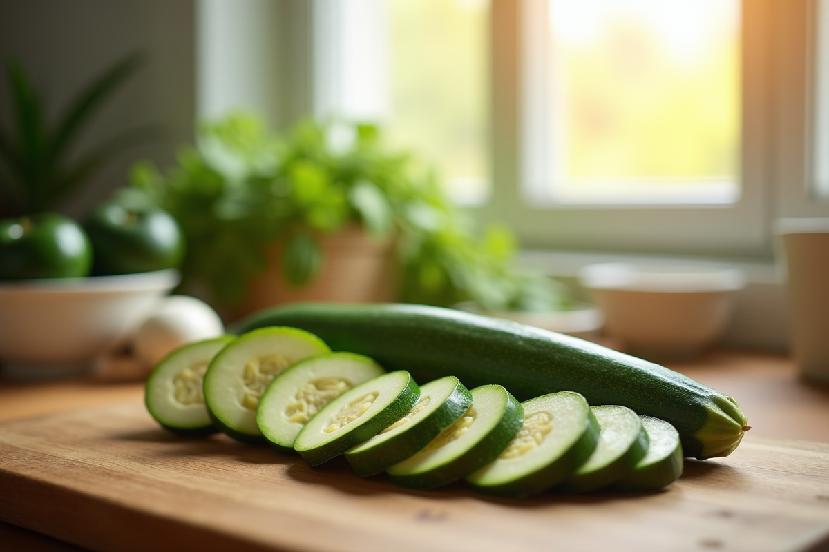 Courgettes fraîches tranchées sur une planche en cuisine lumineuse