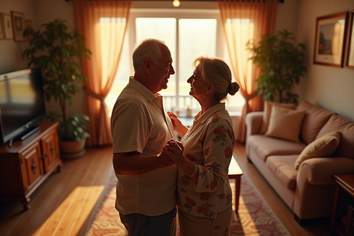 Couple âgé dansant dans un salon chaleureux