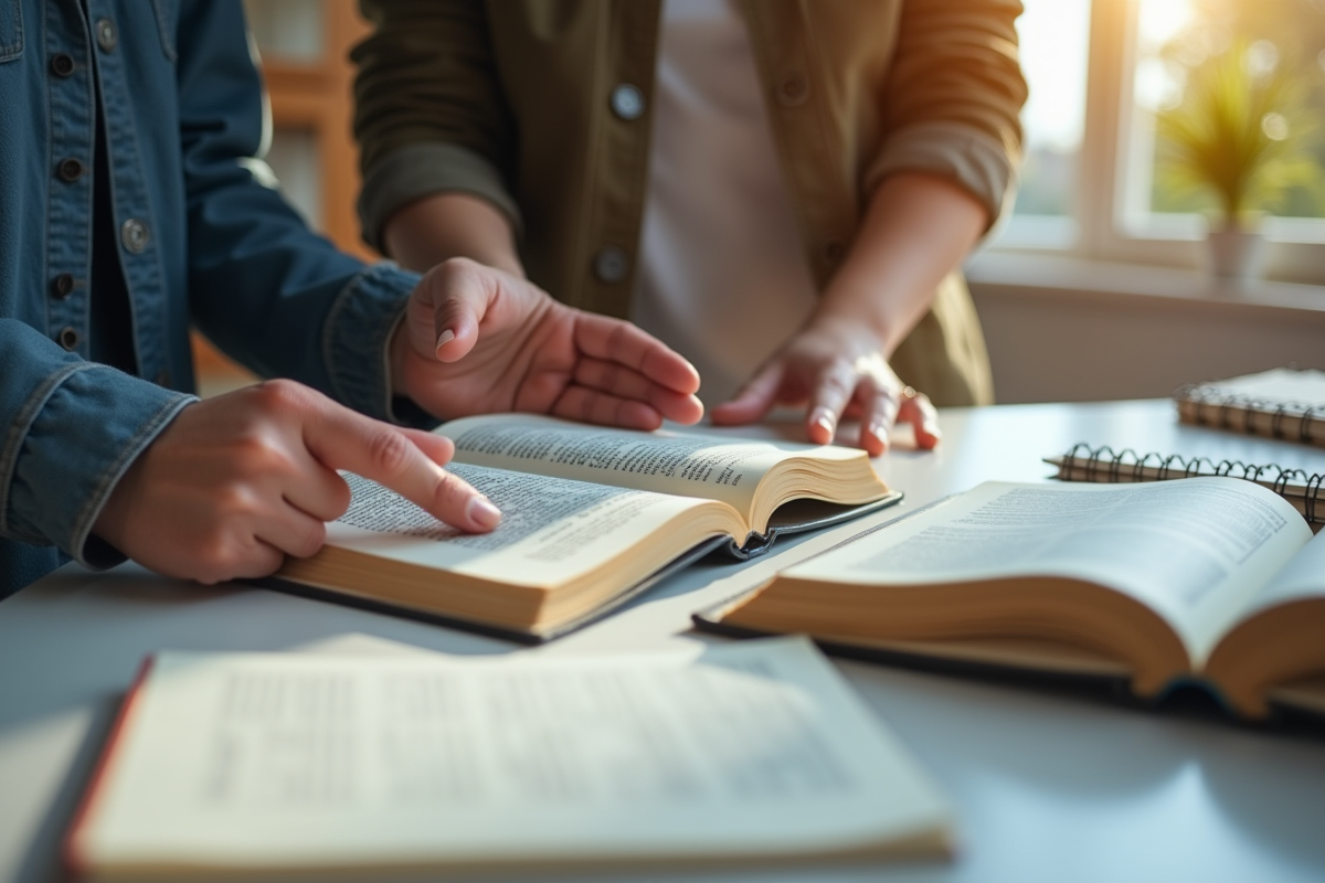 Deux personnes à une table lumineuse en train de lire un dictionnaire