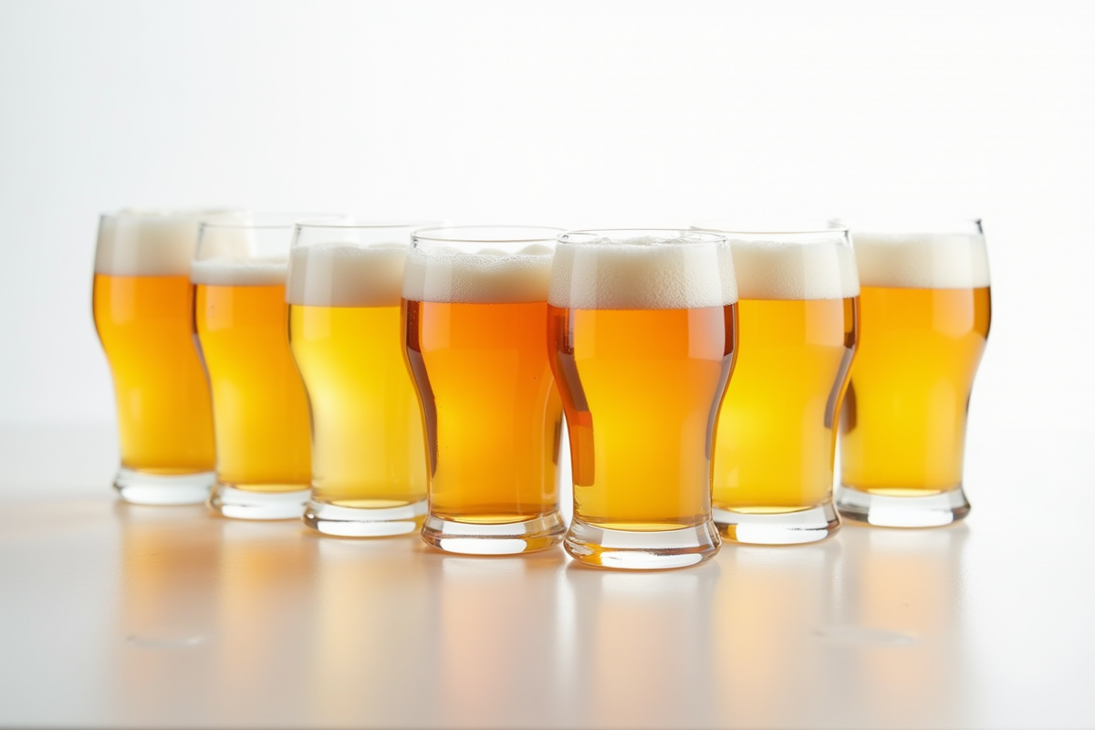 Plusieurs types de bières dans des verres alignés en rangée