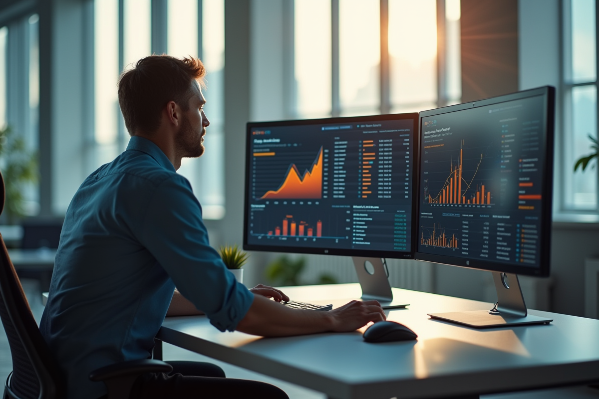 Espace de travail moderne avec un professionnel utilisant un ordinateur élégant