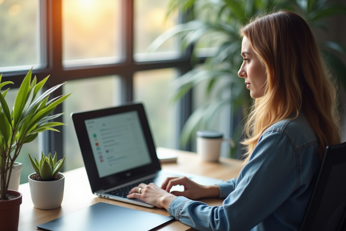 Femme travaillant sur son ordinateur dans un bureau lumineux