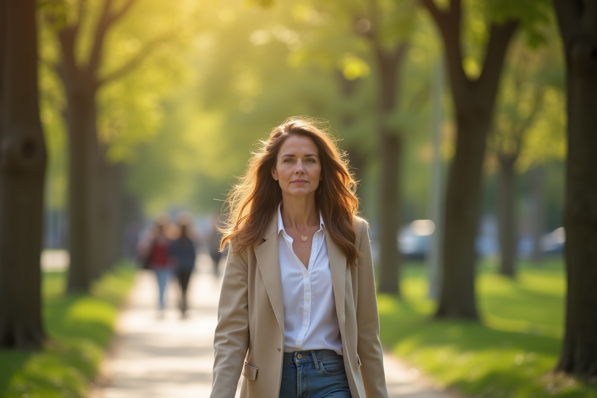 Femme dans un parc ensoleille avec arbres verts