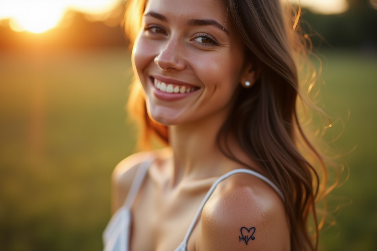 Jeune femme souriante montrant son tatouage coeur sur l