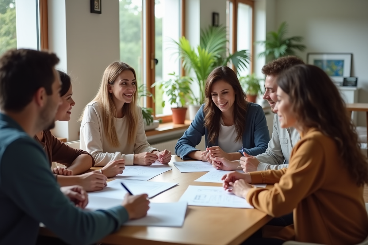 Groupe d'adultes discutant de documents de location dans un salon lumineux