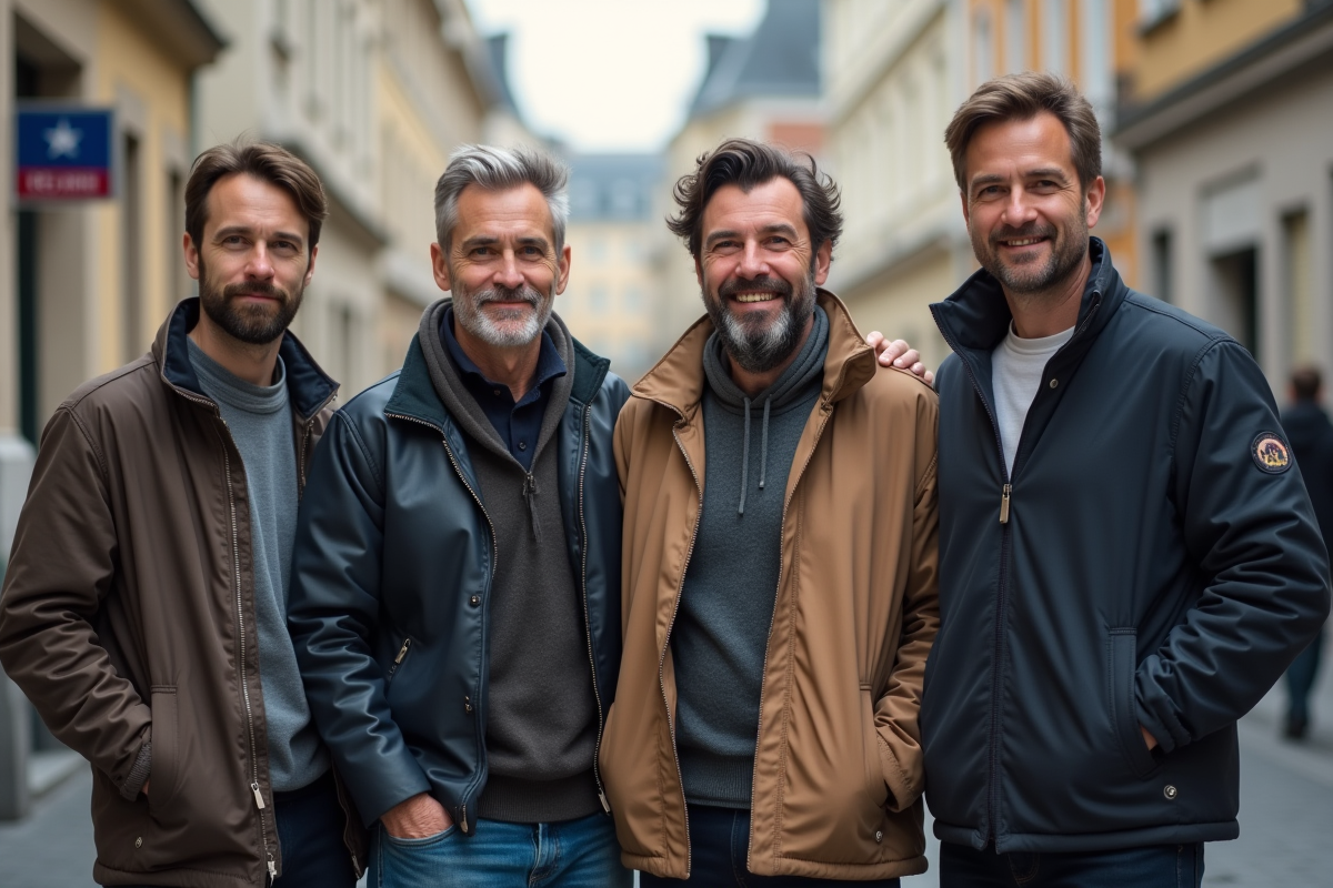 Groupe d'hommes français de différents âges en extérieur