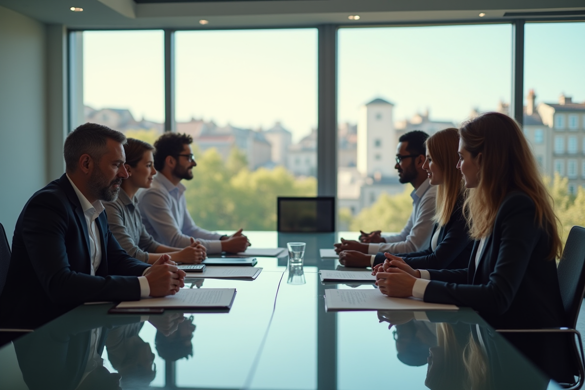 Groupe de professionnels collaborant dans un bureau lumineux à Créteil