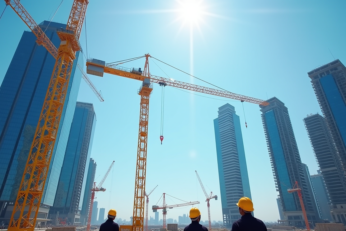 Grue jaune géante sur un chantier urbain en construction