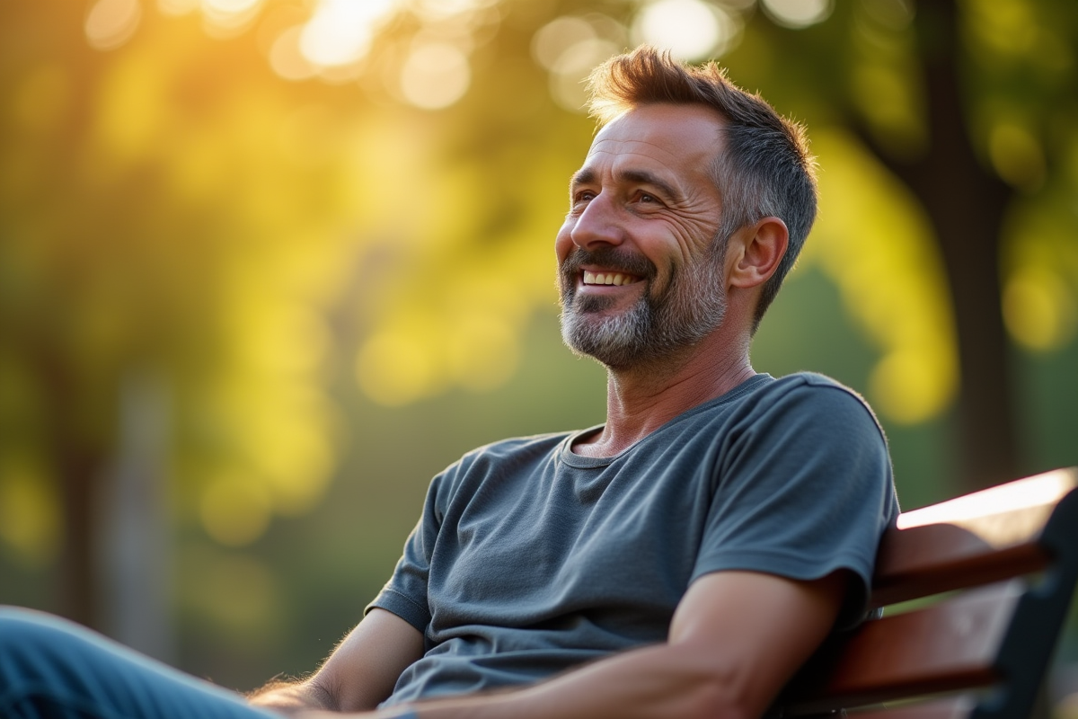 Homme pensif assis sur un banc dans un parc ensoleille