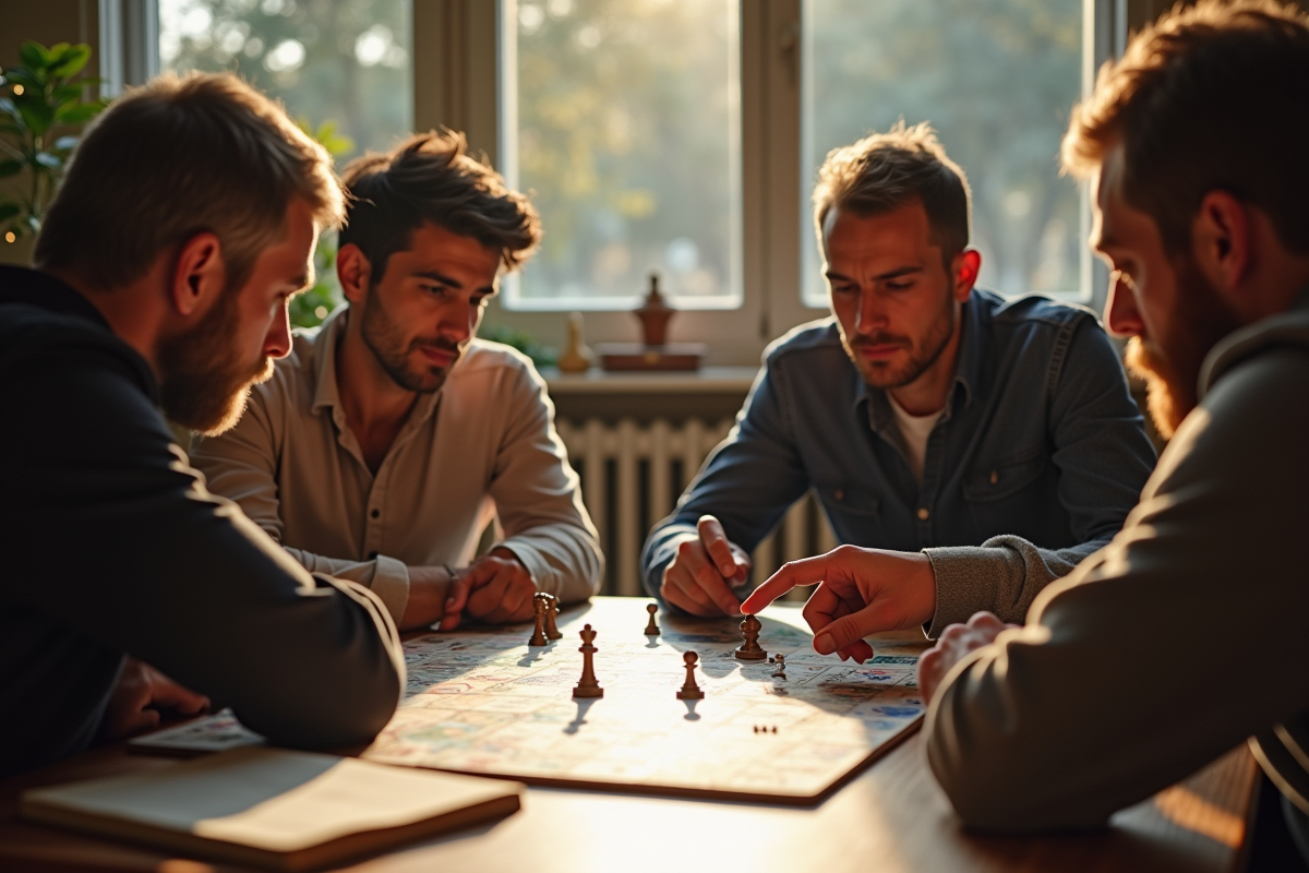 Scène de jeu de société avec joueurs concentrés autour du plateau