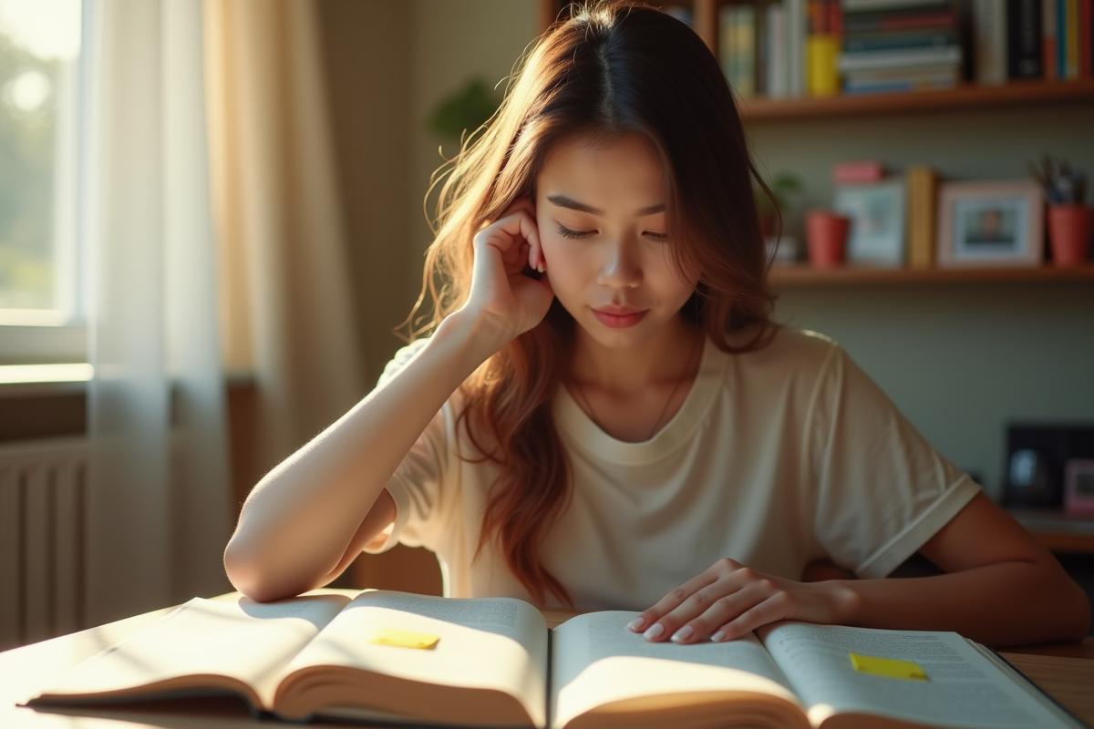 Jeune femme concentrée comparant deux livres avec notes autocollantes