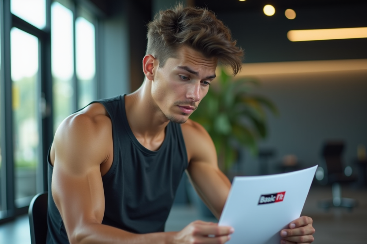 Jeune homme dans un hall de gym moderne avec document Basic Fit