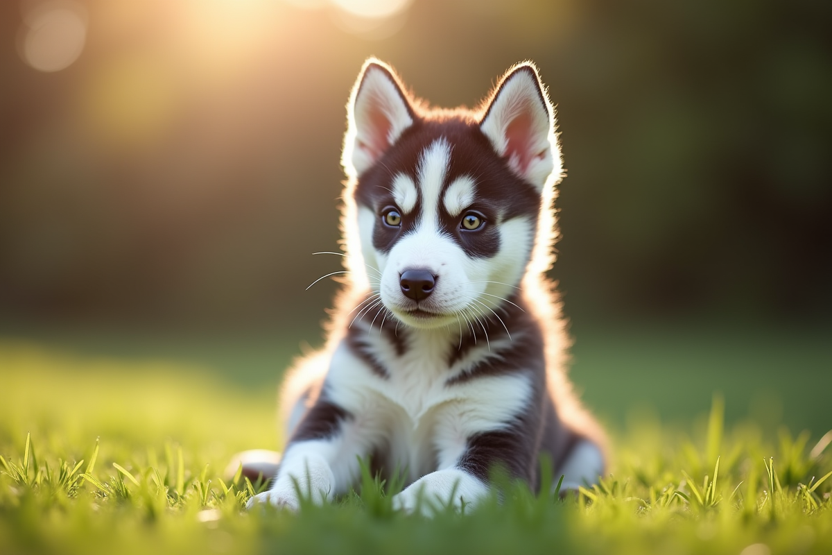 Jeune husky sibérien assis sur pelouse en plein soleil
