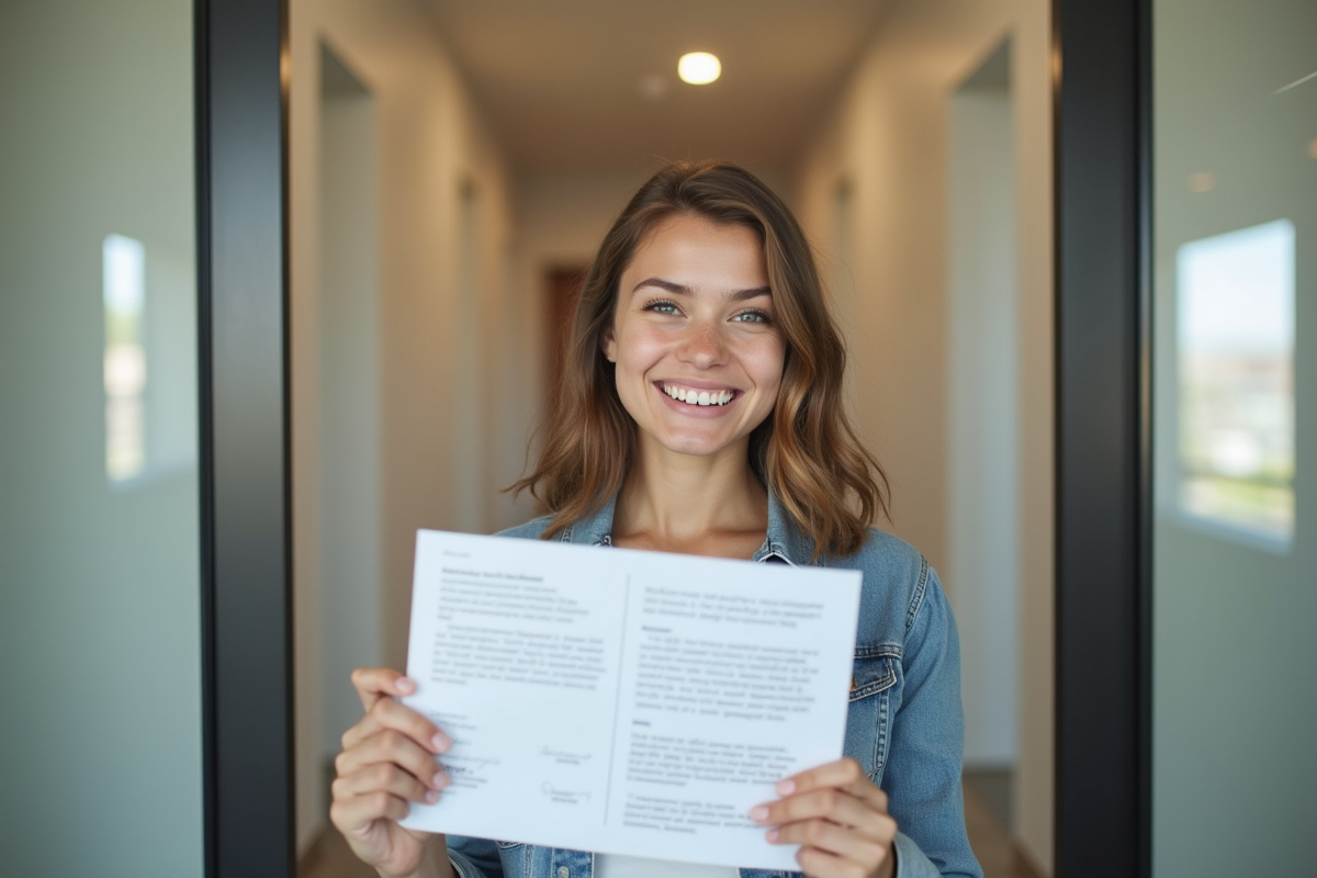 Jeune locataire souriant tenant des clés et un bail signé dans un couloir moderne
