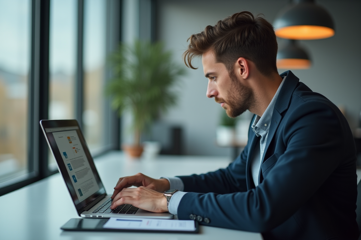 Jeune professionnel au bureau regardant son email sur un ordinateur