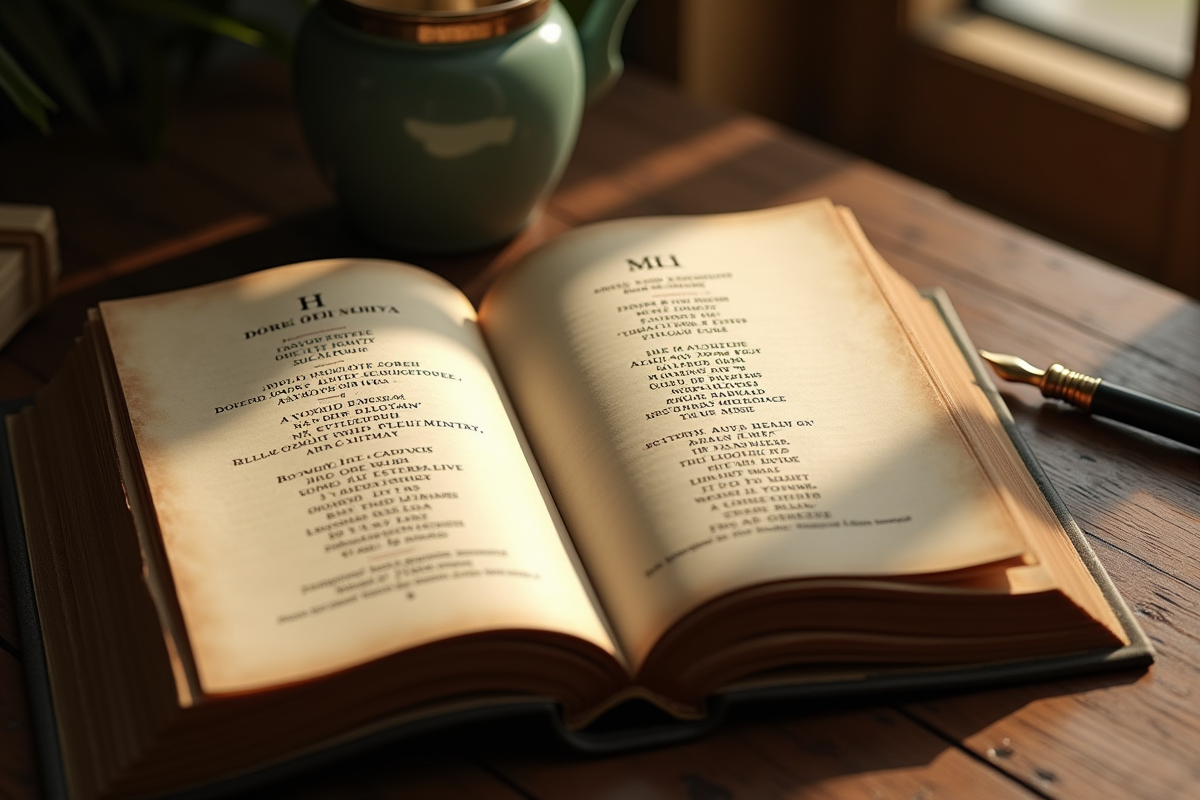 Livre ancien ouvert avec calligraphie élégante sur une table en bois