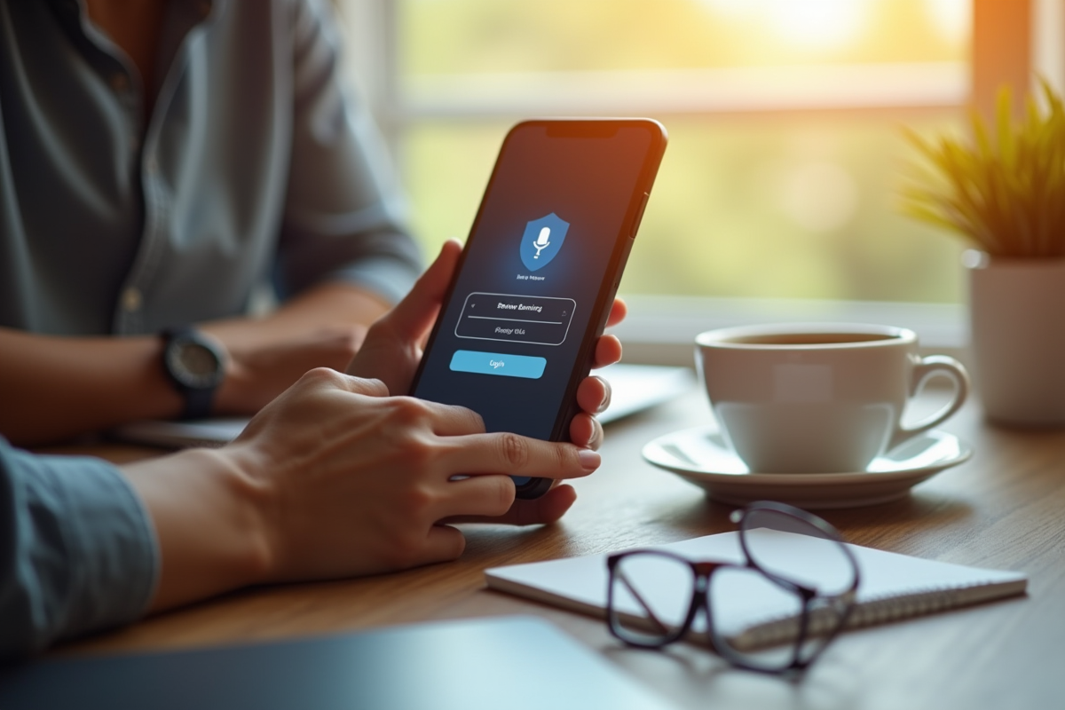 Mains tenant un smartphone affichant une application bancaire sécurisée