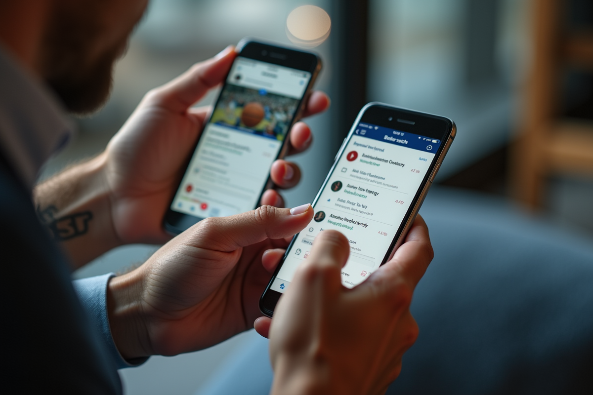 Mains tenant des smartphones affichant un forum de basketball