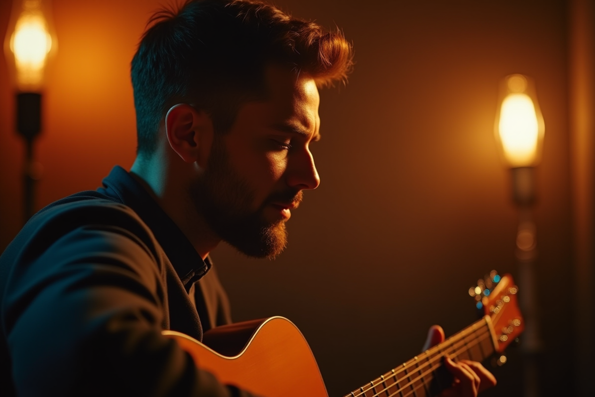 Musicien dans un studio chaleureux avec guitare en main