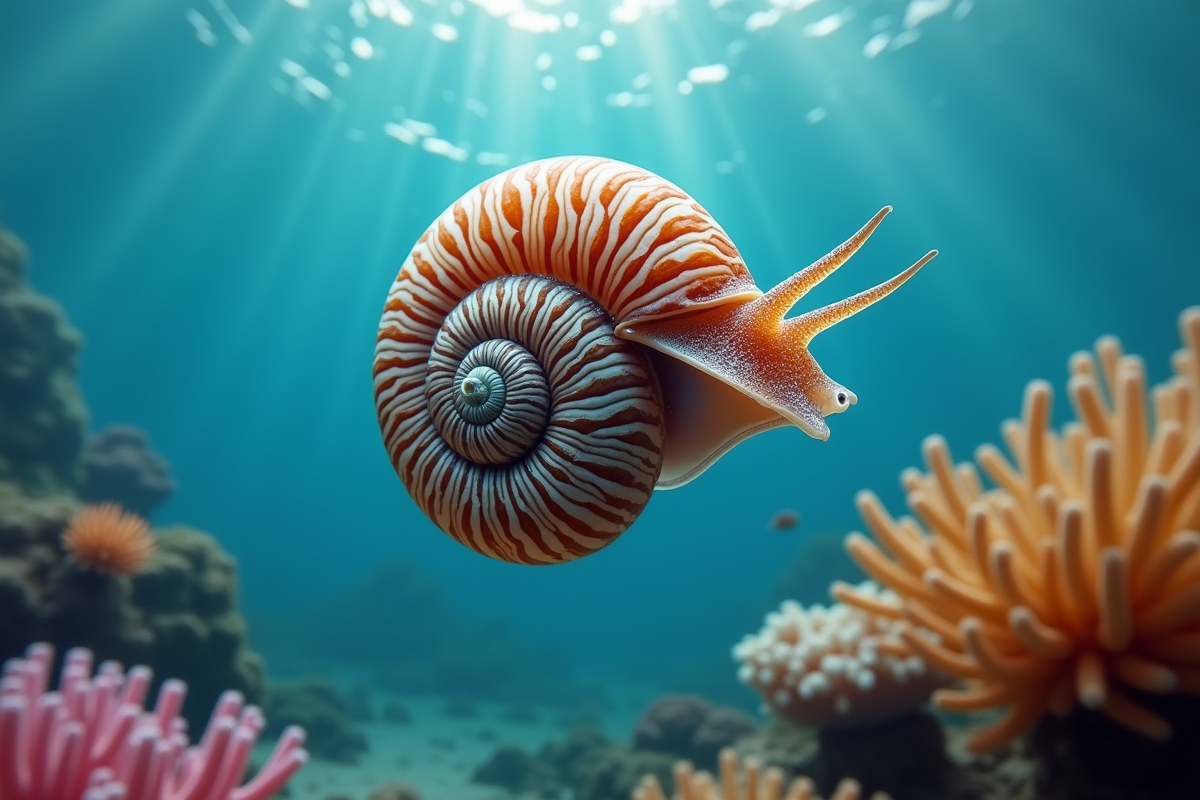 Nautilus nageant dans une eau claire avec coraux colorés