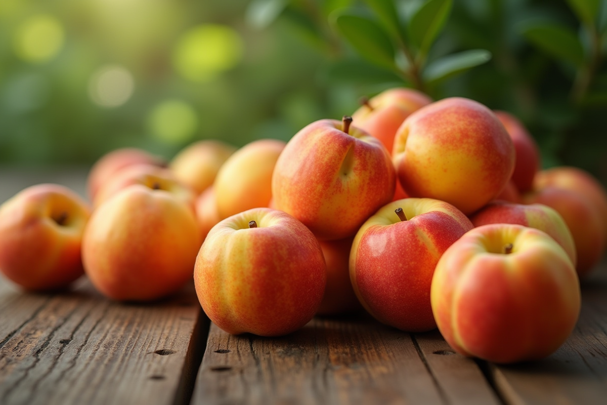 Nectarines fraîches sur une table en bois rustique