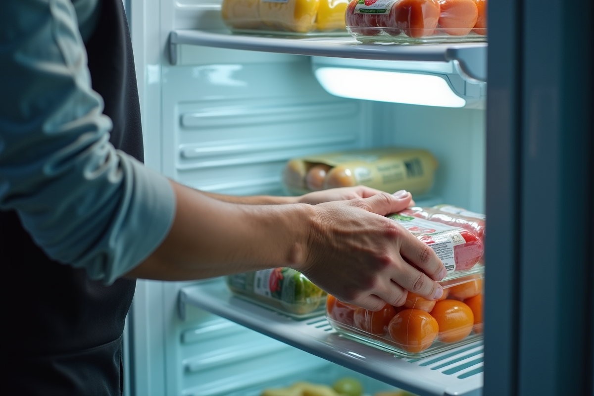 Personne organisant un congélateur moderne avec des aliments