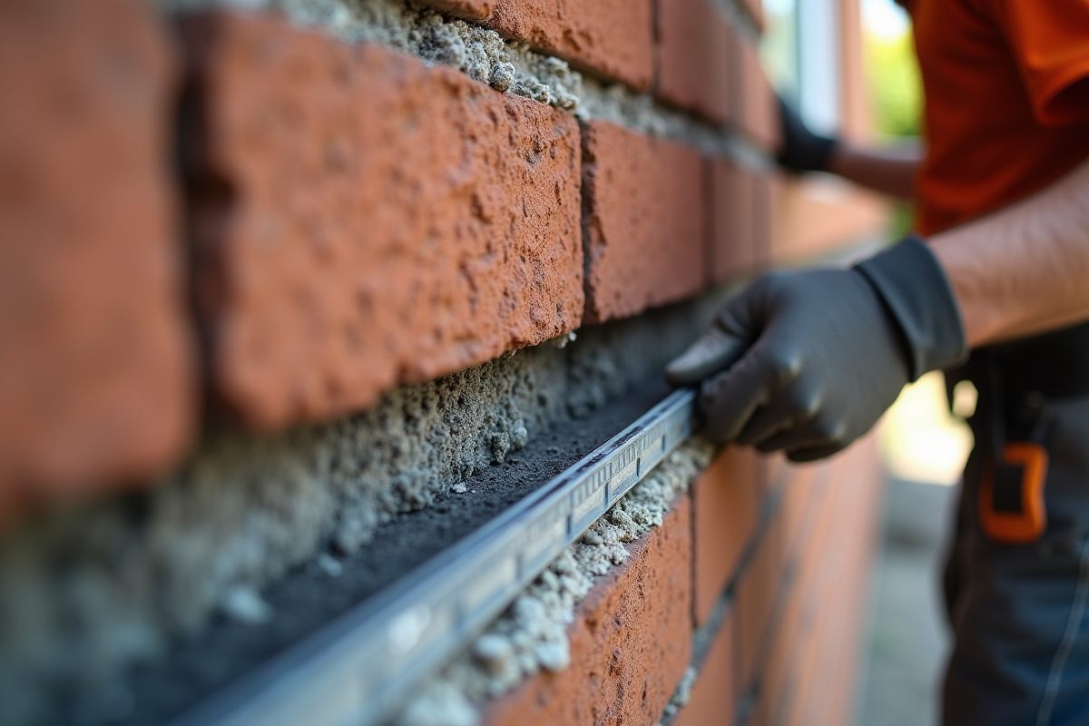 Ouvrier posant une arase sur un mur extérieur de maison