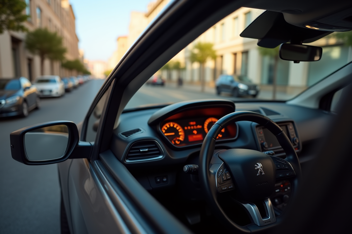 Peugeot 2008 garé avec porte ouverte et voyant orange allumé