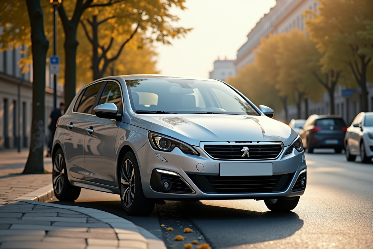 Voiture Peugeot 308 GT Line argentée en ville en plein jour