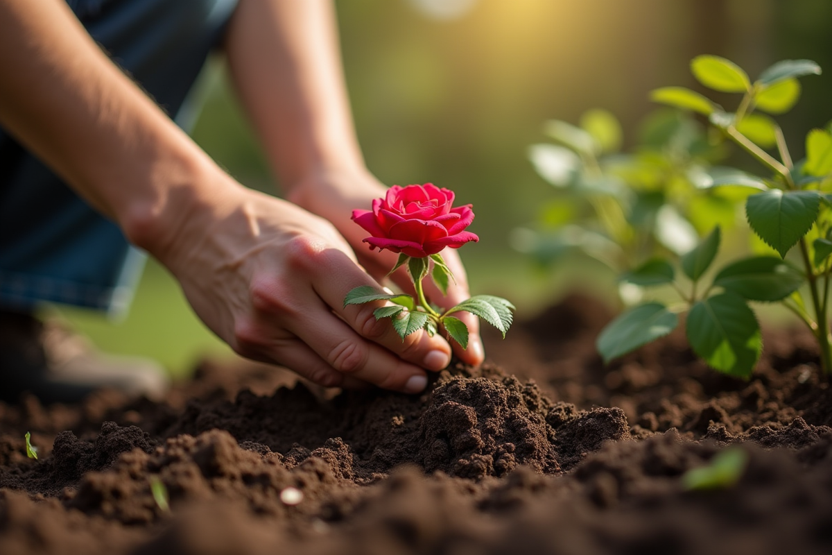 Mains de jardinier plantant une rose dans un sol humide
