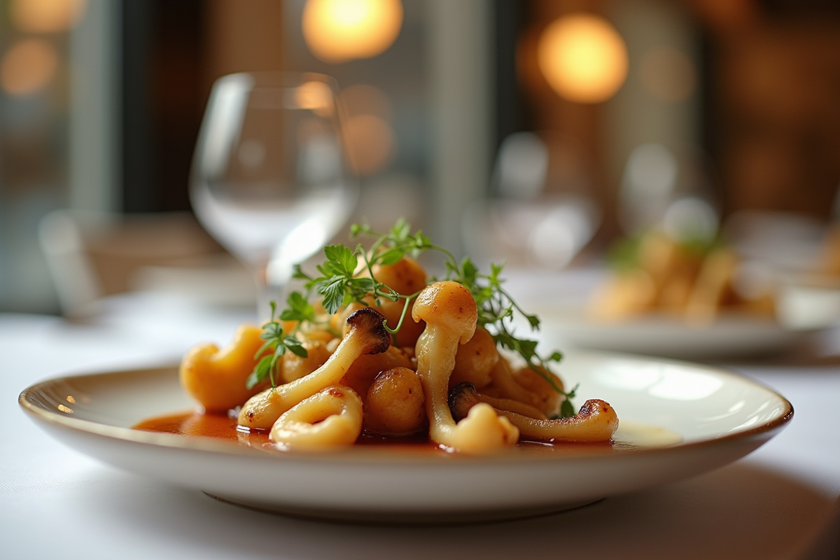 Plat gourmet de champignons sautés sur assiette élégante avec sauce