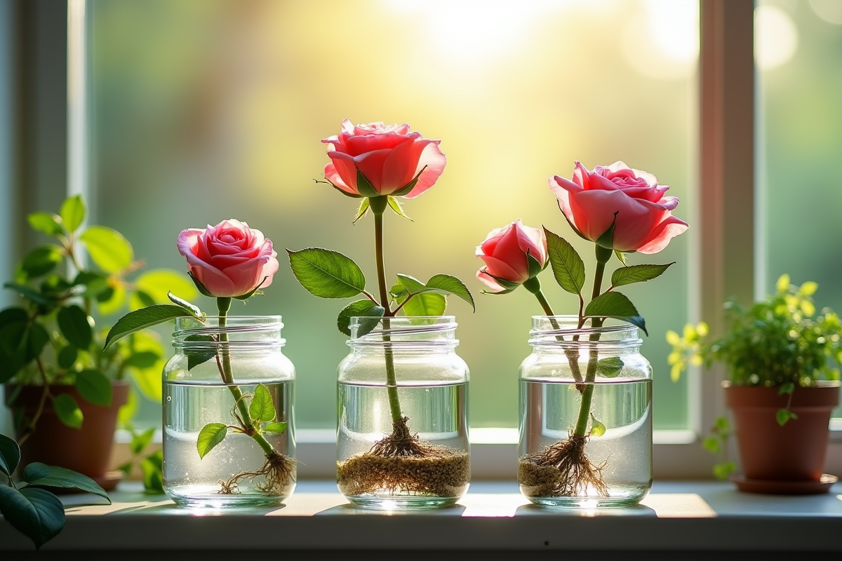 Roses en vase avec jeunes pousses et racines sous l